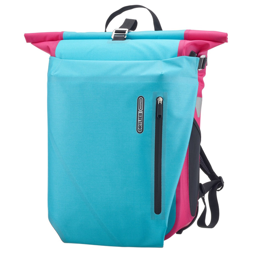 Sacoche vélo convertible sac à dos Vario Ortlieb avec fermeture éclair frontale bleu et rose