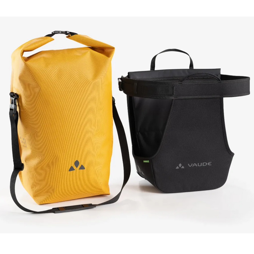 sacoche vélo urban cargo vaude 2 en 1 jaune vue du panier et de la sacoche