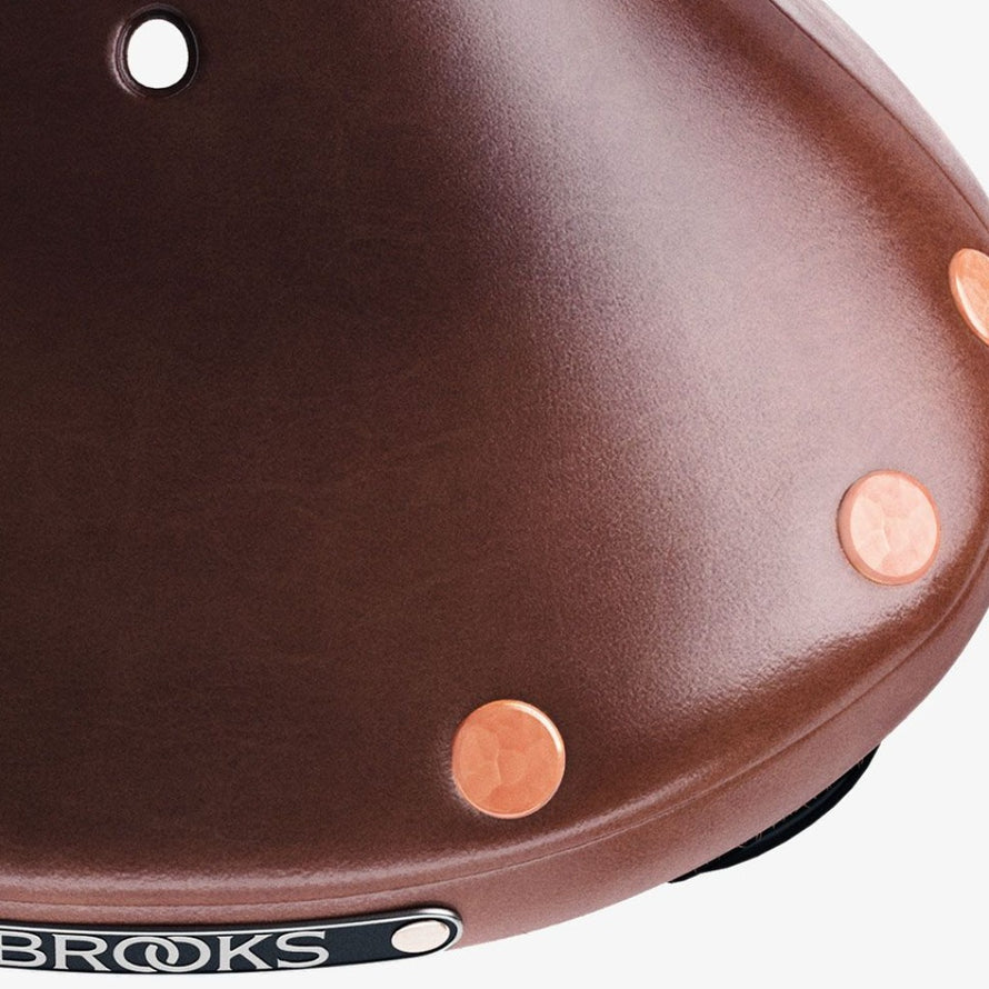 selle de vélo en cuir Flyer spécial Brooks antic brown vue des rivets en cuivre
