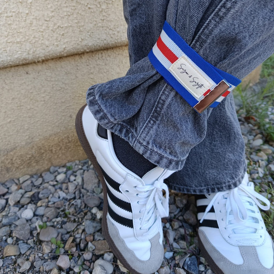 Serre-pantalon Siméon Suzon et Suzette pour vélo couleur bleu blanc rouge