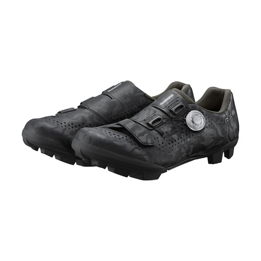 Chaussures gravel homme Shimano SH-RX600 SPD noires camouflage avec serrage micrométrique pour cyclisme tout-terrain
