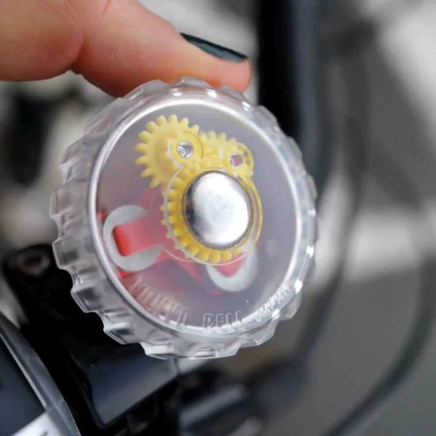 Sonnette à mécanisme visible transparente pour cyclistes urbains Rainette et Tokyo Bell