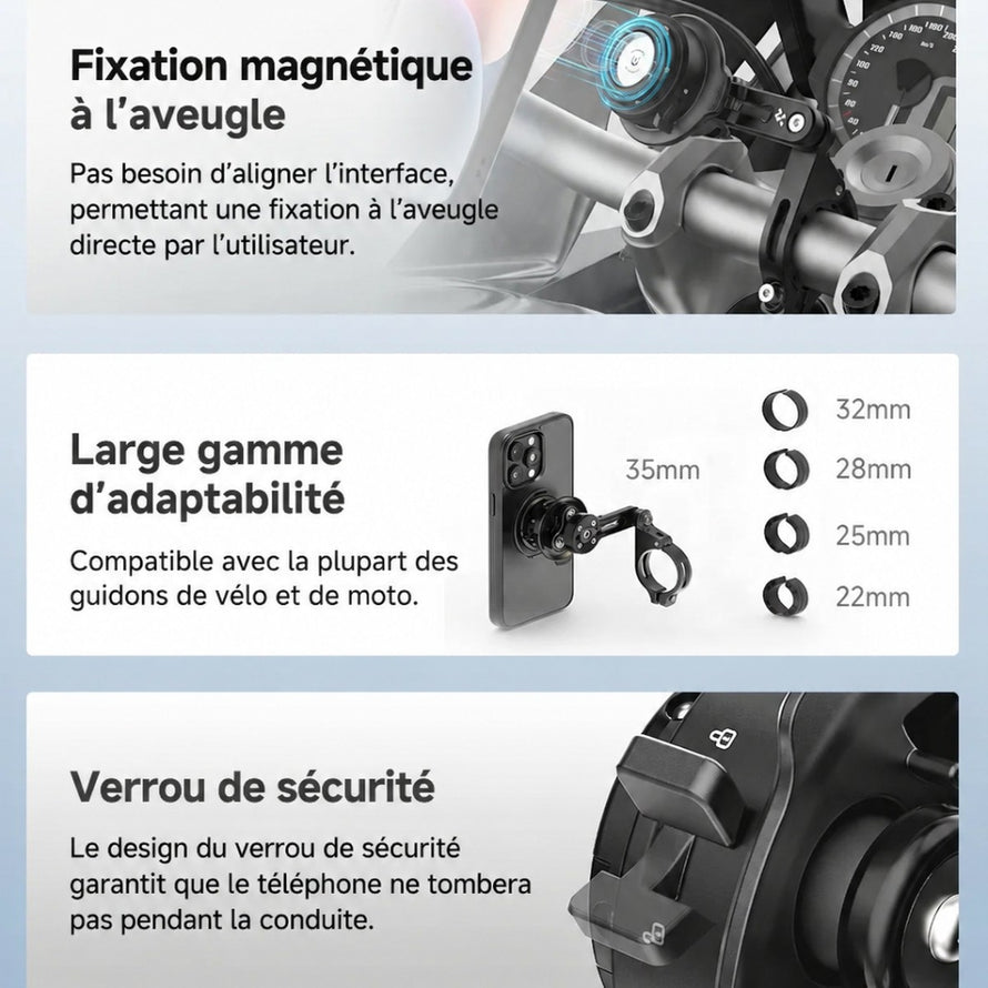 Support téléphone potence vélo Outplorer avec fixation magnétique et verrou de sécurité assurant un maintien stable et sécurisé