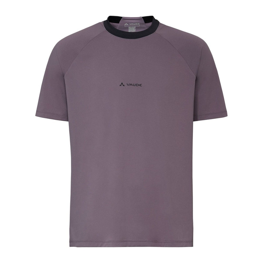 T-shirt Vaude Men Loamer taupe uni avec col noir, léger et respirant pour cyclisme et activités outdoor