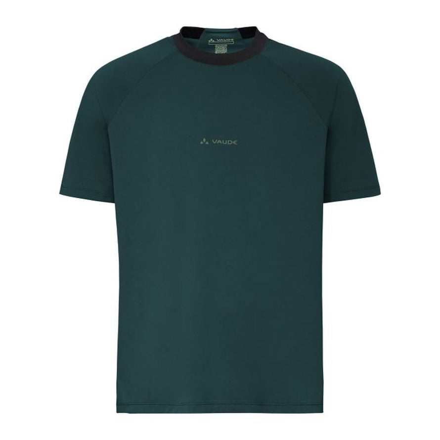 T-shirt Vaude Men Loamer vert fonce avec col noir, tissu technique respirant pour cyclisme et activités outdoor
