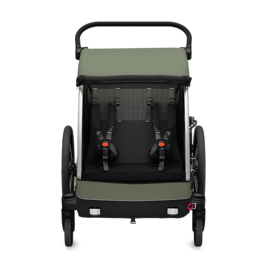 Remorque enfant Thule Courier 2 places olive avec poussette et cargo FlipFlat pour balades sûres et confortables