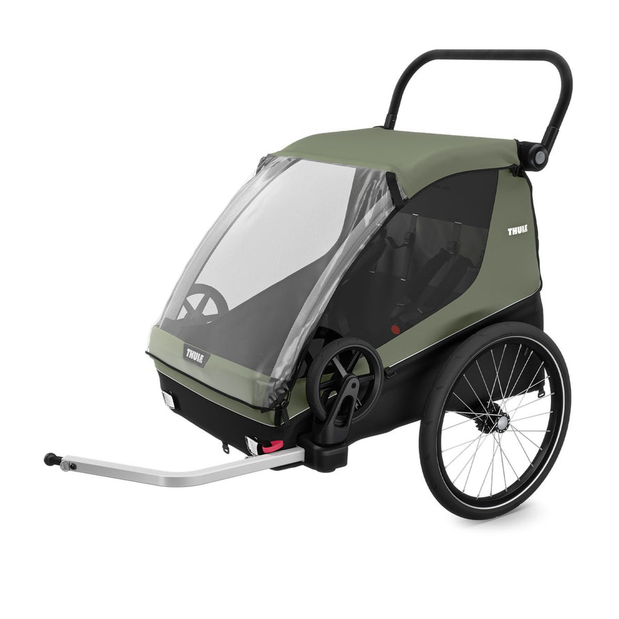 Remorque enfant Thule Courier 2 places avec poussette et cargo FlipFlat, sécurité et confort pour vos sorties vélo
