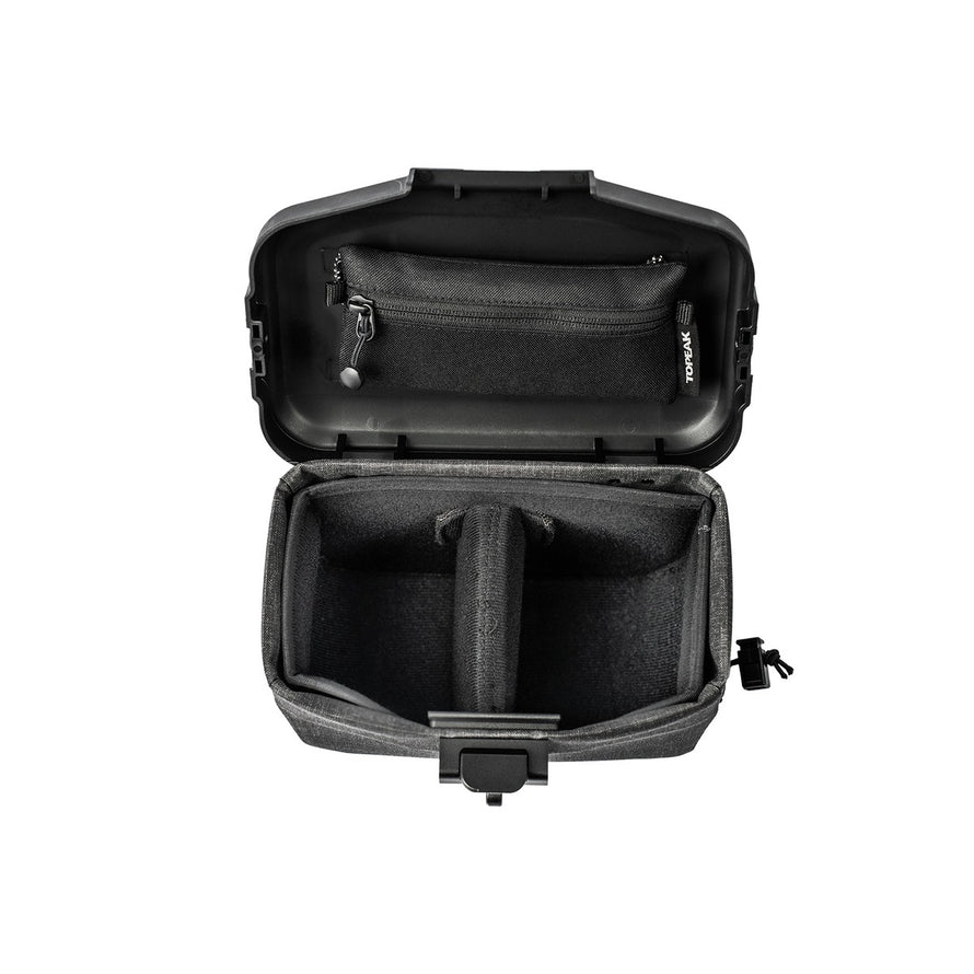 Sacoche rigide Topeak Elementa Dry BarBag ouverte avec compartiments et adaptateur multi-montage pour vélo