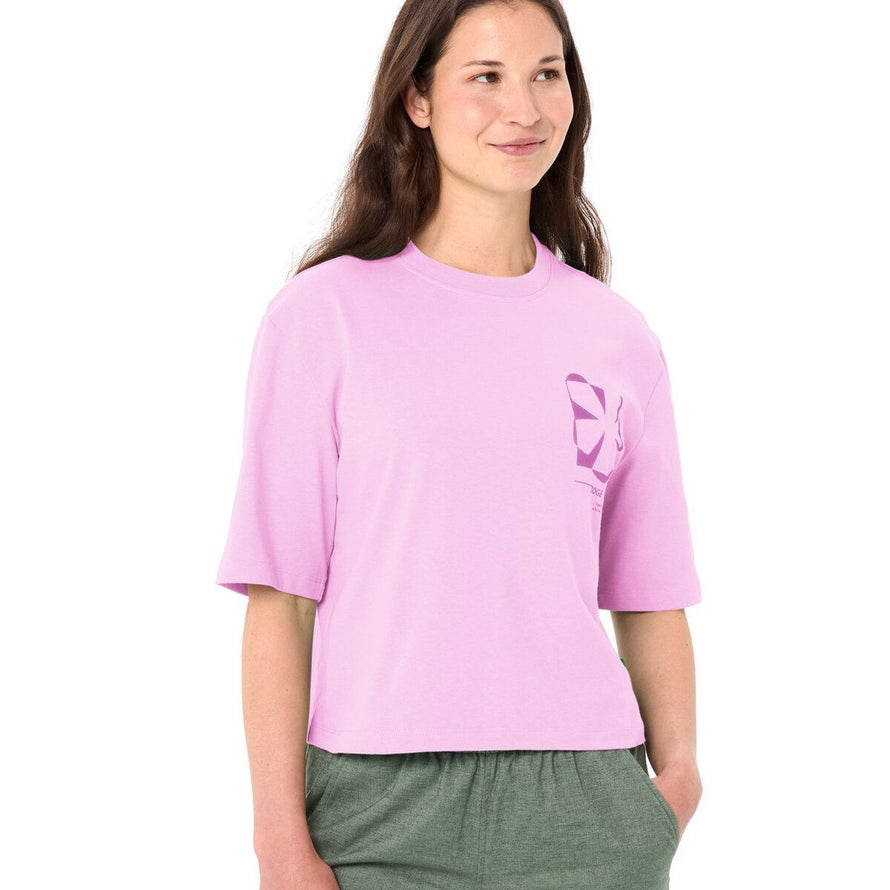 T-shirt Dames Vaude Redmont van biologisch katoen in roze met grafisch patroon, comfortabel en ecologisch voor fietsen