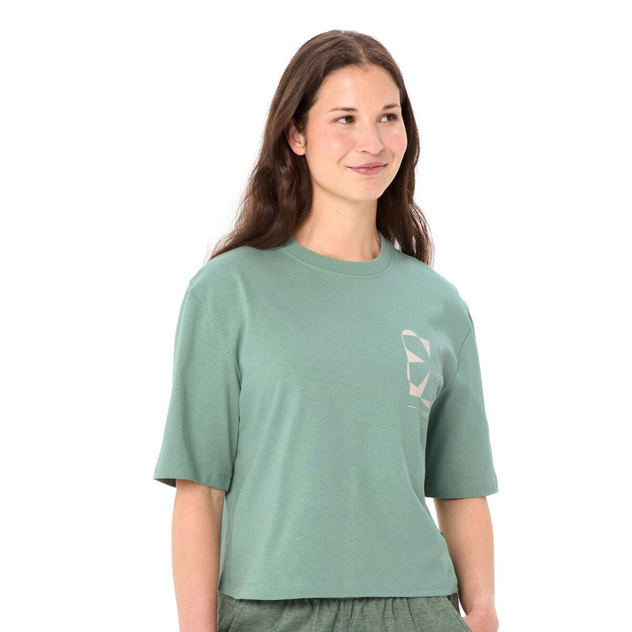 T-shirt Dames Vaude Redmont lichtgroen van biologisch katoen met grafisch patroon, comfortabel en ecologisch voor fietsen