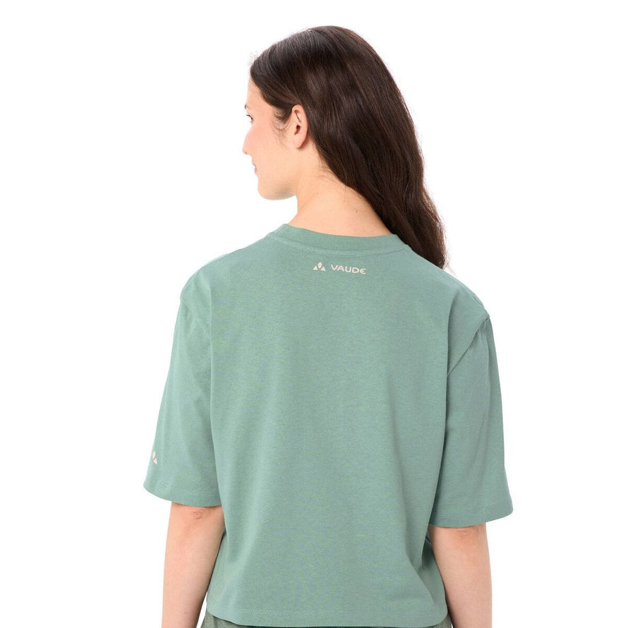 T-shirt Dames Vaude Redmont biologisch katoen groen achterkant met discreet logo, comfortabel en ecologisch voor fietsen