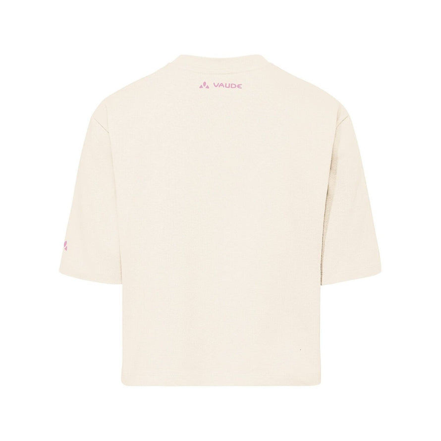T-shirt Dames Vaude Redmont Heavyweight beige met roze logo op de schouder, stijl en comfort voor fietsen