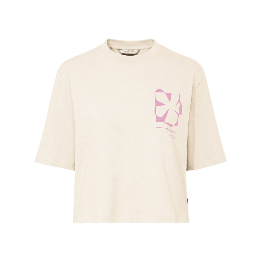 T-shirt Dames Vaude Redmont Heavyweight beige met roze motief, casual stijl en comfort voor het fietsen
