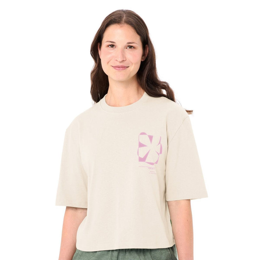 T-shirt Dames Vaude Redmont Heavyweight beige met roze motief aan de voorkant, casual en comfortabel stijl