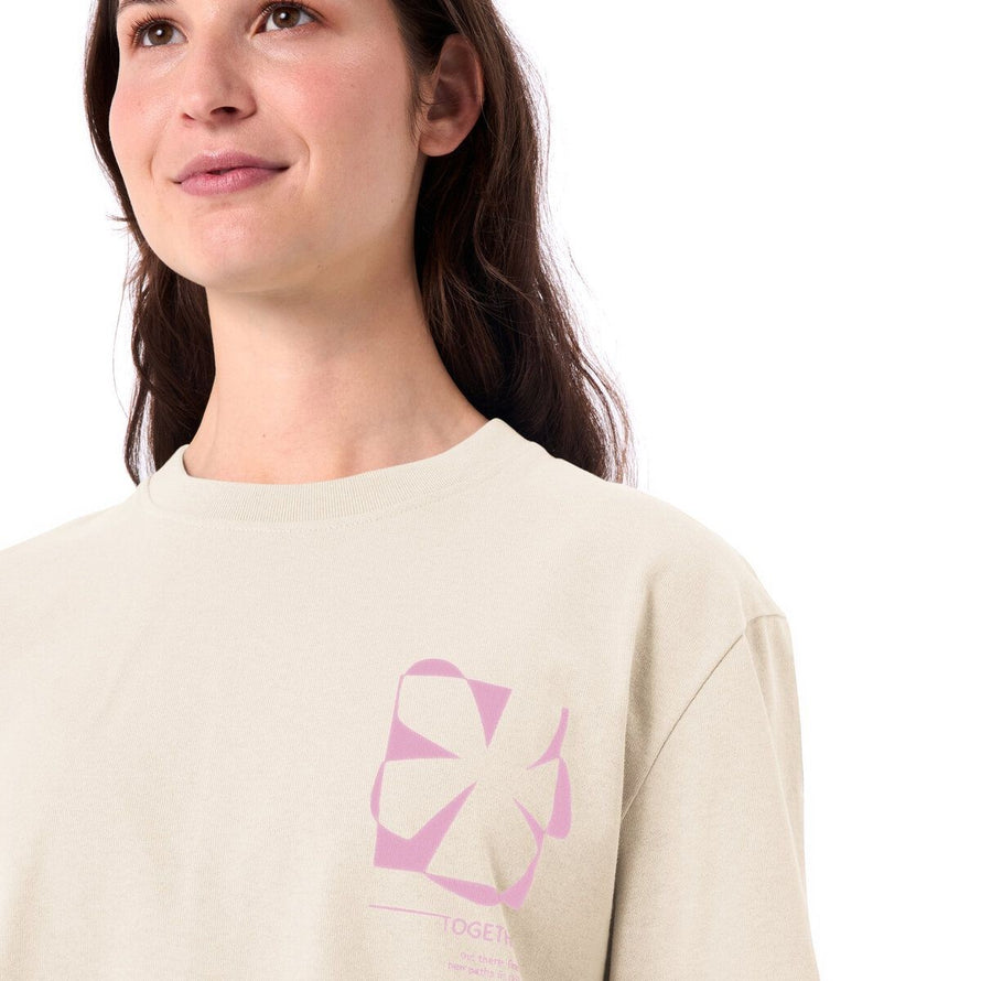 T-shirt Dames Vaude Redmont Heavyweight beige met roze motief, comfortabel en stijlvol voor fietsen