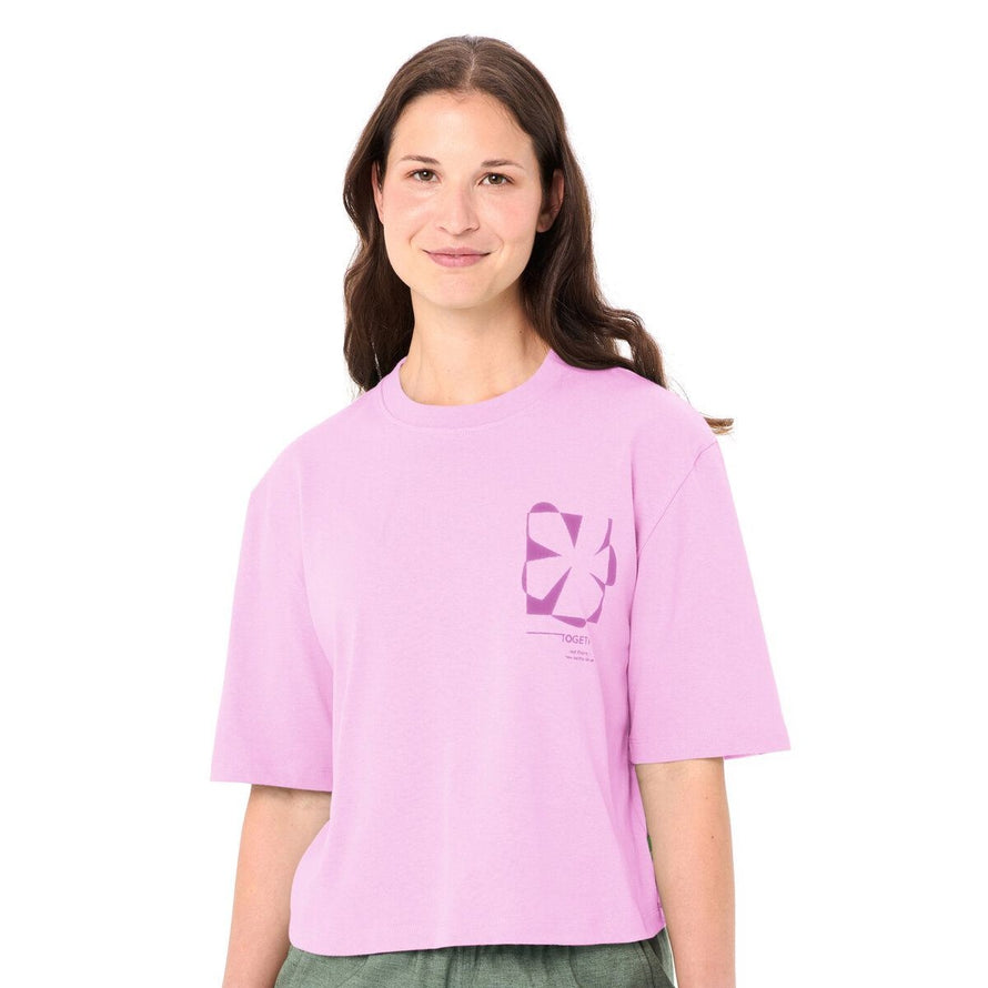 T-shirt Femme Vaude Redmont Heavyweight rose clair avec motif graphique moderne, confortable et tendance pour vélo