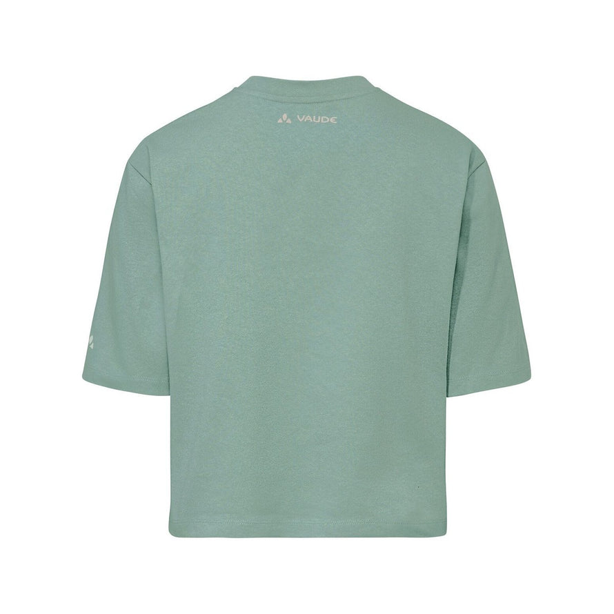 T-shirt Dames Vaude Redmont Heavyweight pastelgroen achterkantzicht met discreet logo, comfort en stijl voor fietsen