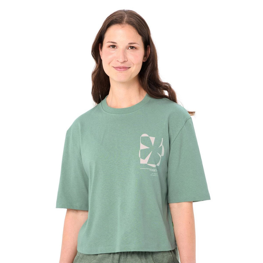 T-shirt Dames Vaude Redmont Heavyweight groen met helder grafisch patroon, comfortabel en stijlvol voor fietsen