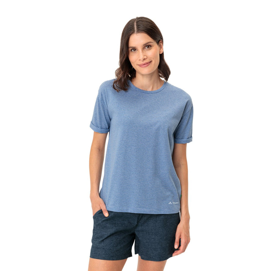 T-shirt femme Vaude Mineo Striped bleu en coton bio léger, parfait pour cyclisme et sorties outdoor
