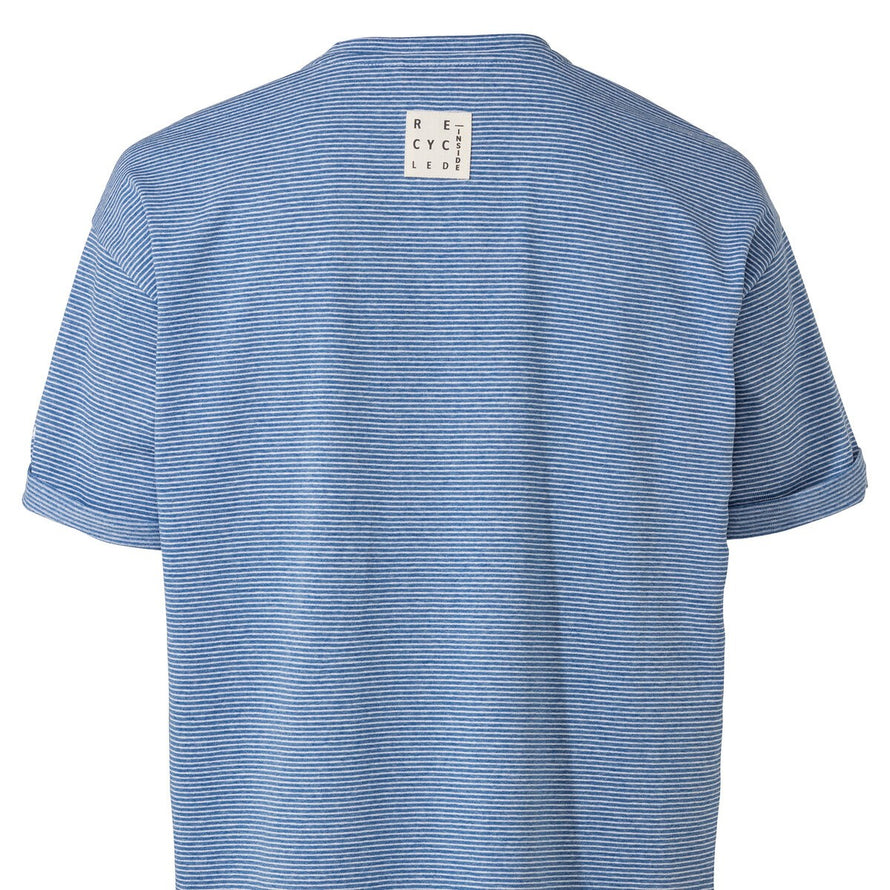 T-shirt femme Vaude Mineo Striped bleu rayé en coton bio, idéal pour cyclisme et confort au quotidien