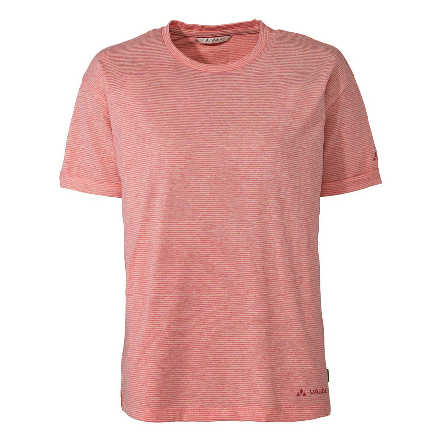 T-shirt femme Vaude Mineo Striped rose léger en coton écoresponsable, idéal pour cyclisme et sorties outdoor