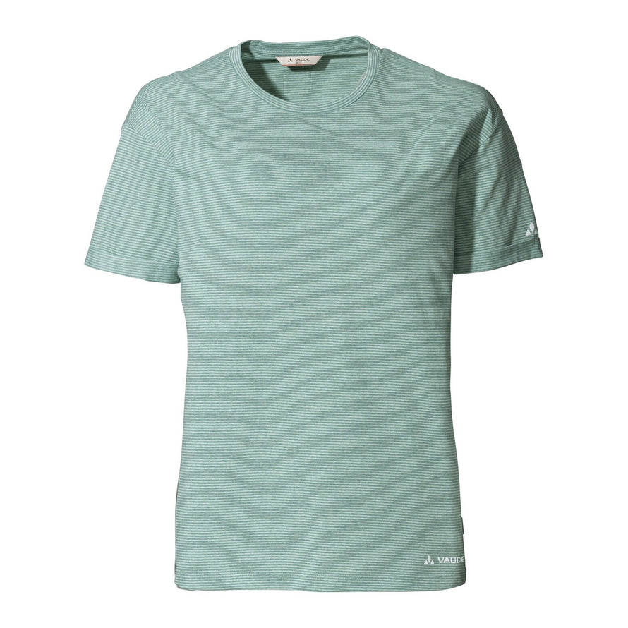 T-shirt femme Vaude Mineo Striped vert léger en coton bio, idéal pour cyclisme et activités outdoor confortables