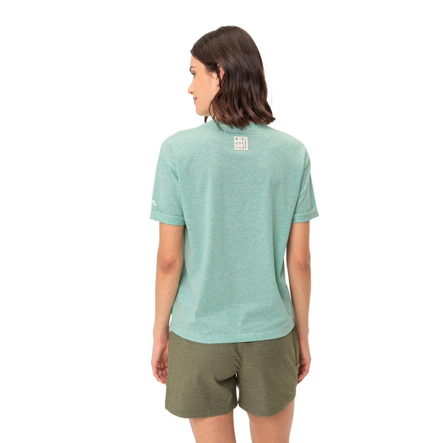 T-shirt femme Vaude Mineo Striped vert rayé en coton bio, dos visible, léger et confortable pour cyclisme et loisirs
