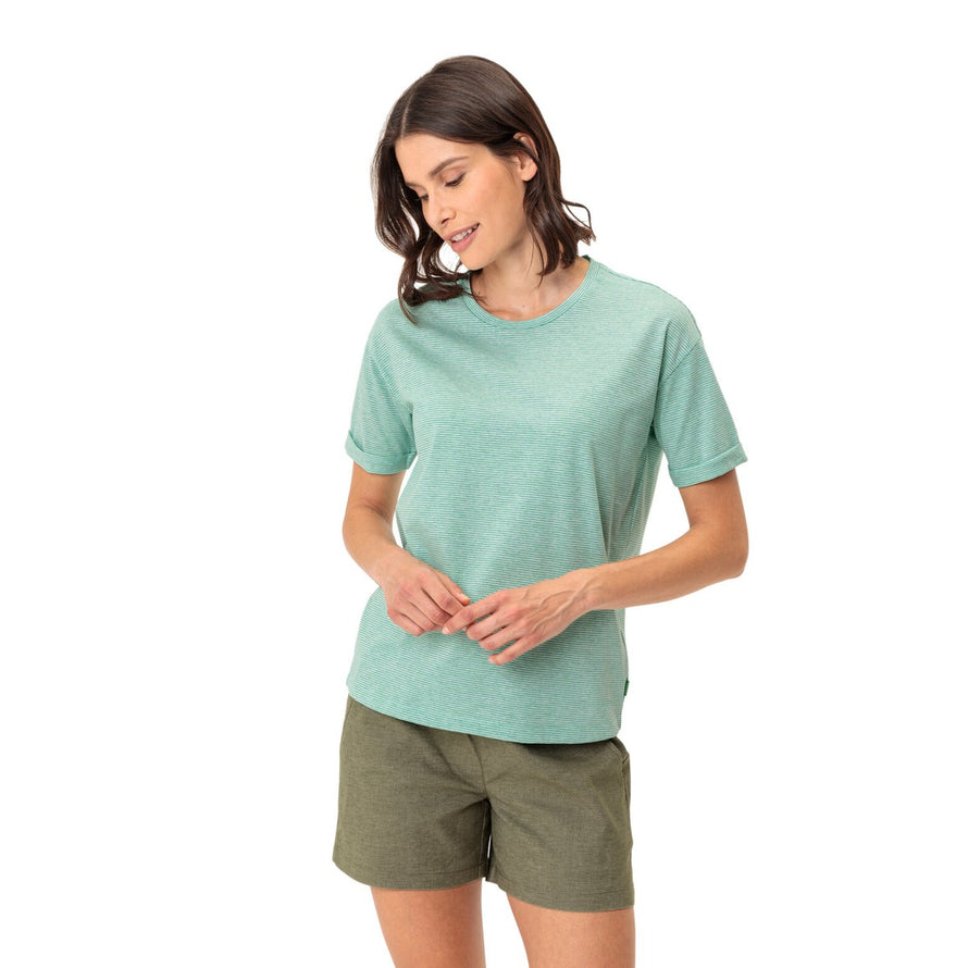 T-shirt femme Vaude Mineo Striped vert pastel en coton bio, léger et confortable pour cyclisme et sorties outdoor