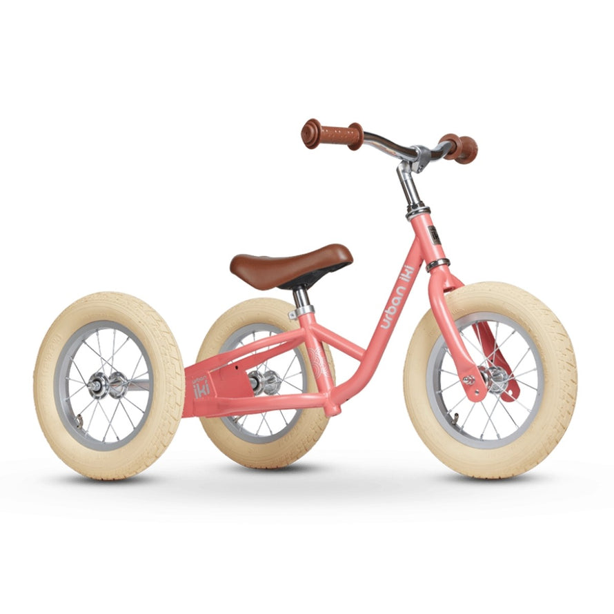 Draisienne evolutive 2-en-1 Urban Iki rose avec selle cuir, tricycle convertible pour enfants debutants