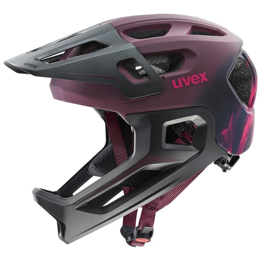 Casque VTT integral enfant Uvex React JR bordeaux et noir avec protection fullface pour velo