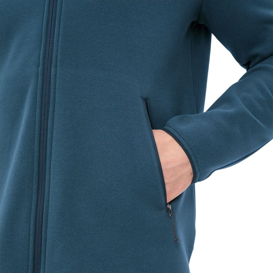 Polaire a capuche Vaude Idris Fleece homme bleu detail zip poche, ideale pour velo et activites outdoor