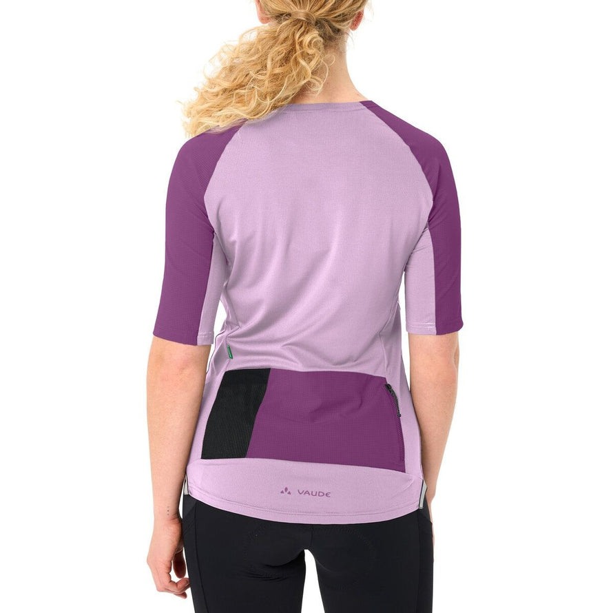 T shirt gravel femme Vaude Kuro II avec poches arriere zippables, ideal pour sorties velo confortables