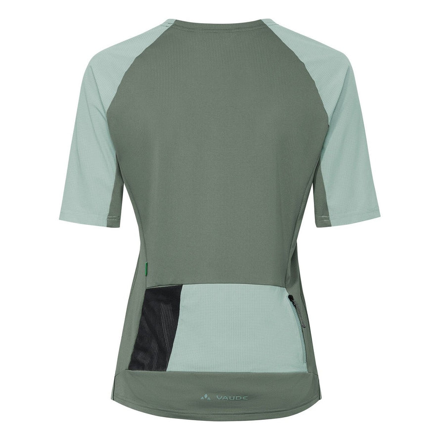 T shirt gravel femme Vaude Kuro II vert avec poches arrières zippées, respirant et adapté au cyclisme