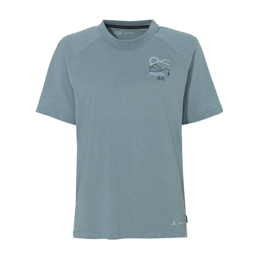T-shirt Femme Vaude Cyclist Casual bleu avec motif vélo et nature minimaliste, style décontracté et écologique