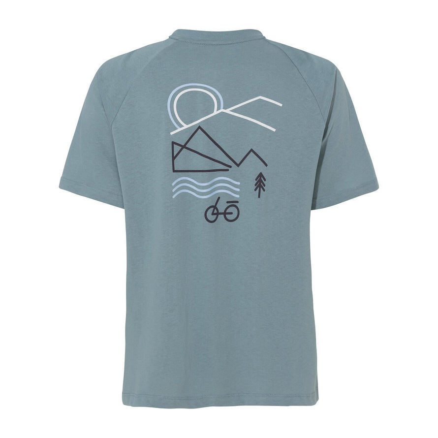 T-shirt Femme Vaude Cyclist Casual bleu avec motif nature, montagne et vélo au dos, style décontracté et écologique