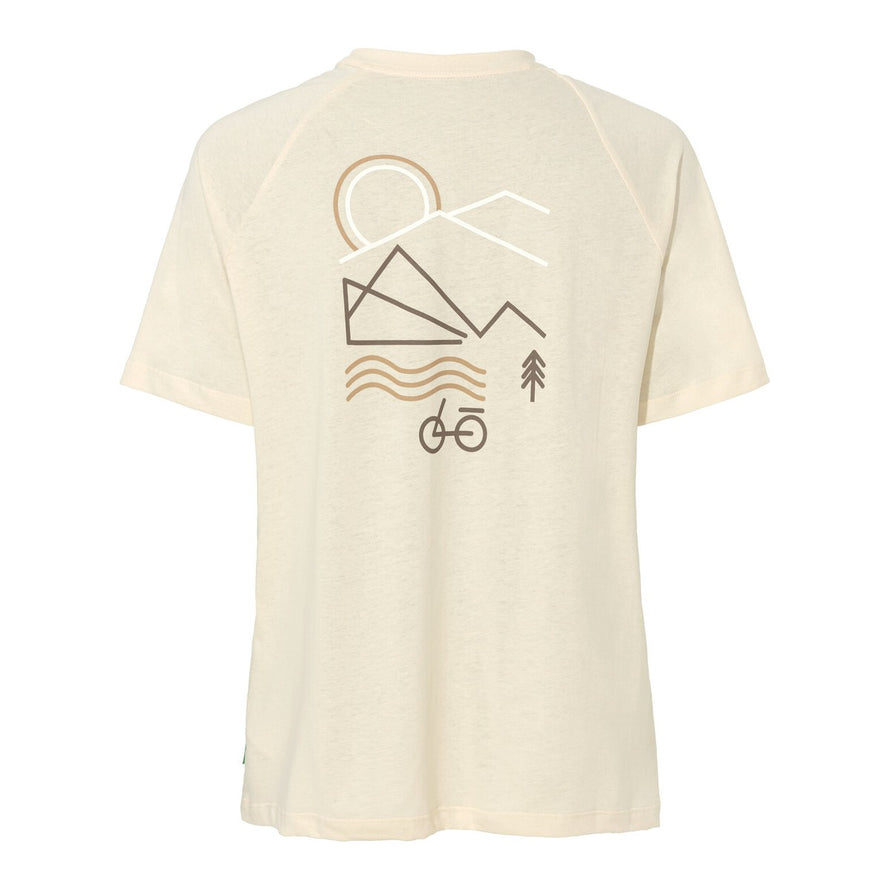T-shirt Femme Vaude Cyclist Casual beige avec motif nature, montagne et vélo au dos, style décontracté et écologique