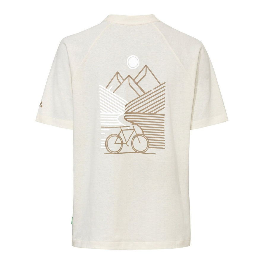 T-shirt Vaude Cyclist Casual Femme beige avec dessin nature montagne et vélo, style relax et écologique