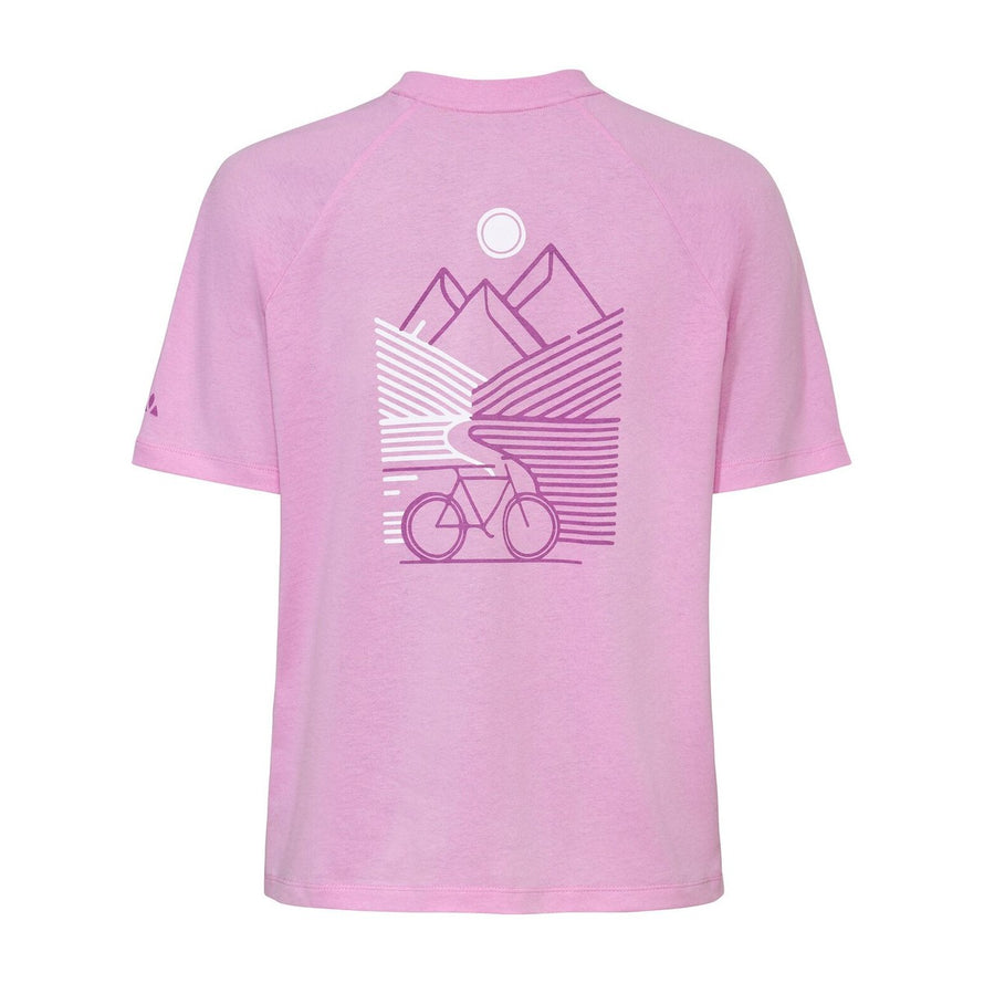 T-shirt Vaude Cyclist Casual Femme rose avec motif vélo et montagne stylisé au dos, confort et style moderne