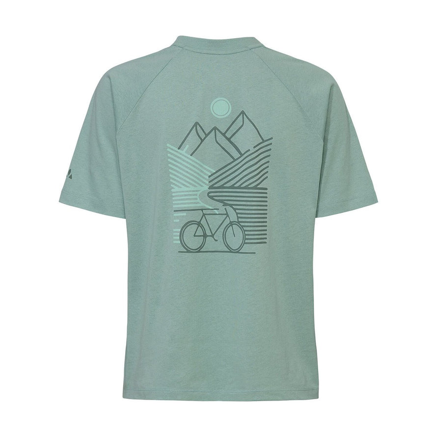T-shirt Vaude Cyclist Casual Femme vert avec motif vélo et paysage montagne au dos, style casual et écologique