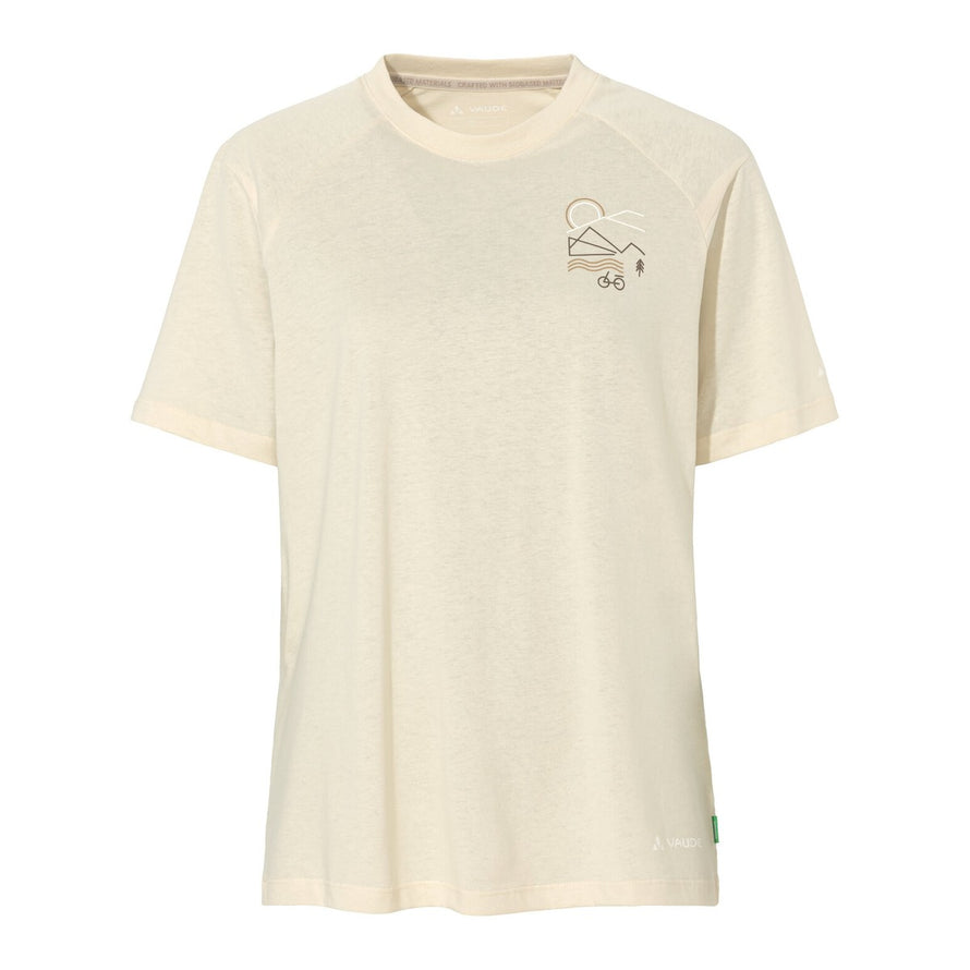 T-shirt Femme Vaude Cyclist Casual beige avec petit motif vélo et montagne, style épuré et écologique