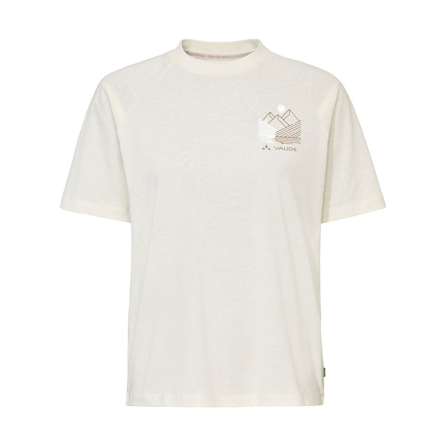 T-shirt Vaude Cyclist Casual Femme beige clair avec logo montagne stylisé sur poitrine, look naturel et eco-responsable