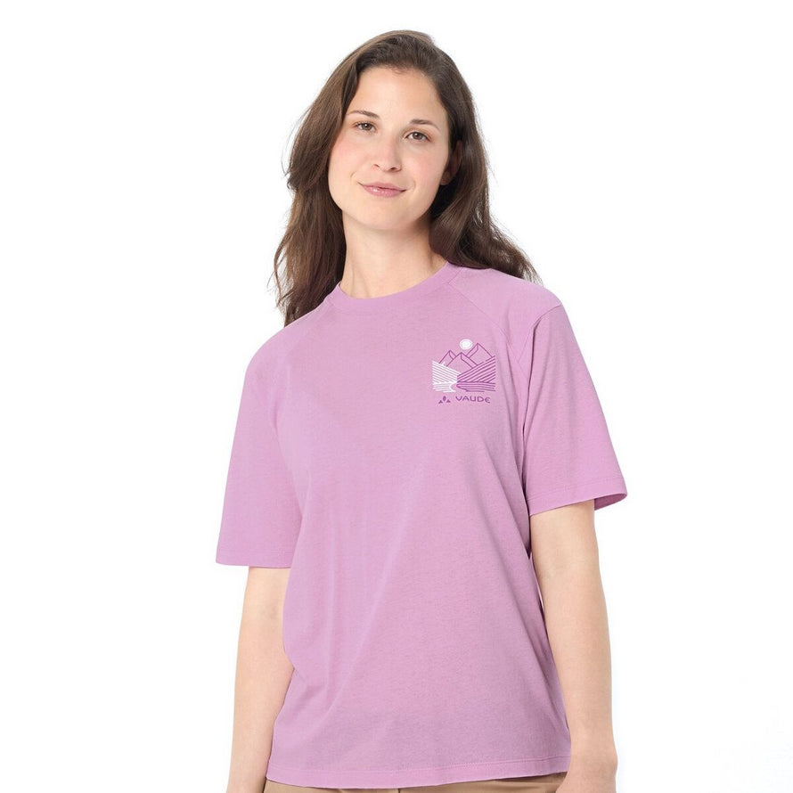 T-shirt Vaude Cyclist Casual Femme violet avec logo montagne stylisé sur poitrine, style décontracté et féminin