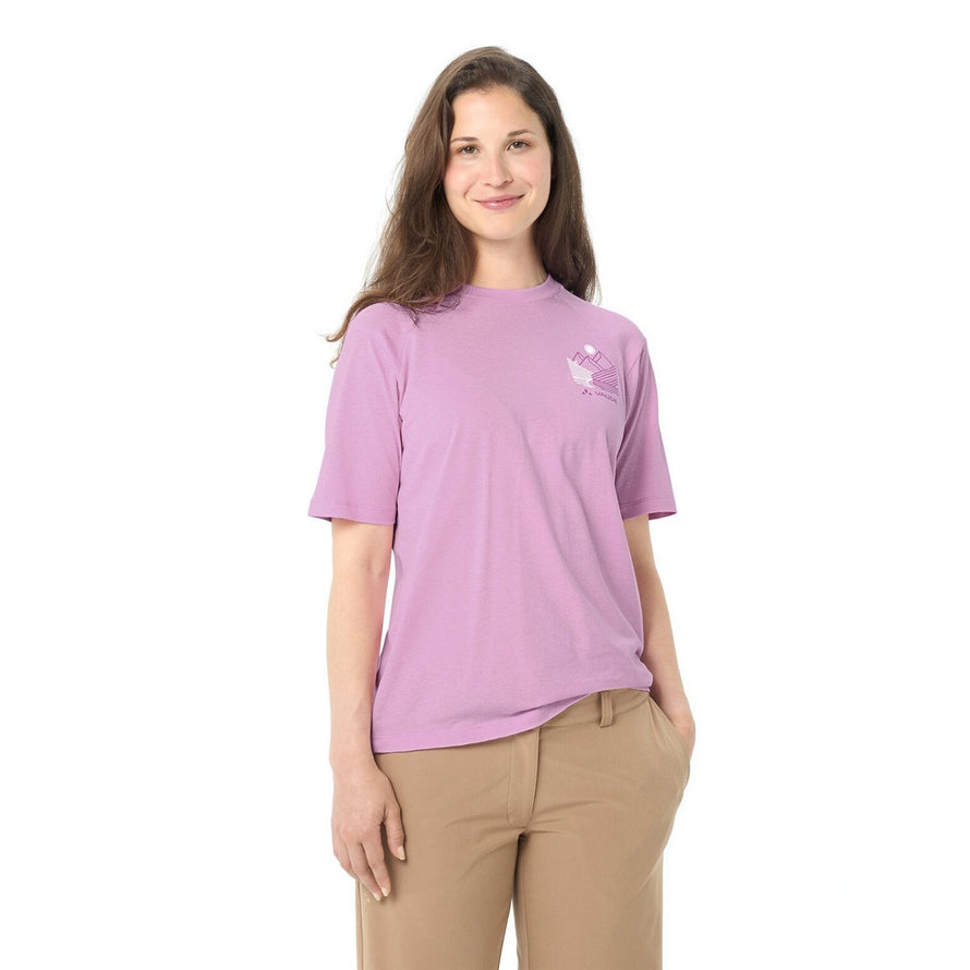 T-shirt Femme Vaude Cyclist Casual rose avec logo montagne sur poitrine, style décontracté et respirant