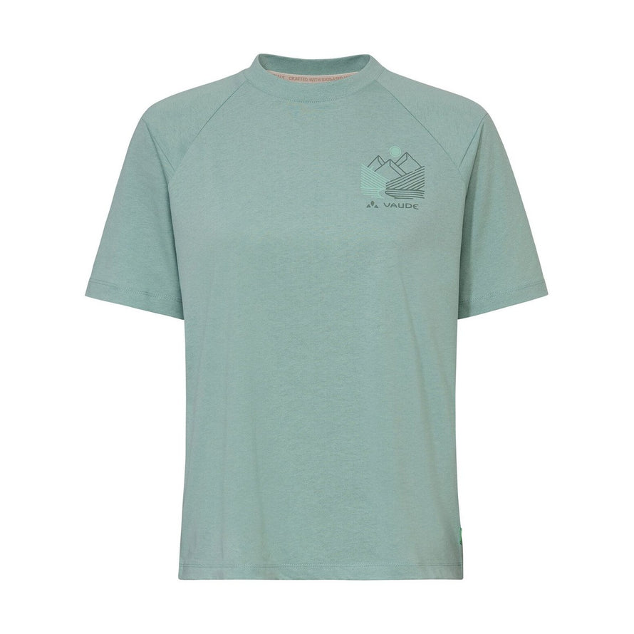 T-shirt Vaude Cyclist Casual Femme vert clair avec logo montagne sur poitrine, style simple et eco-responsable