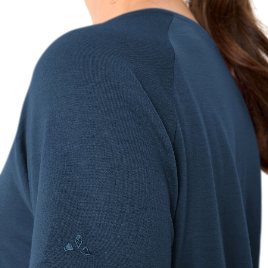 Essentiële dames T-shirt van wol Vaude diepblauw, ideaal voor fietsen met comfort en thermoregulatie
