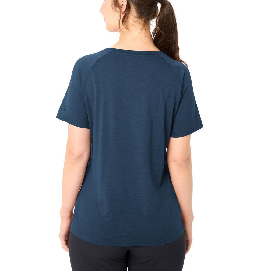 T-shirt Essential van wol voor dames Vaude indigo, ideaal voor fietsen met comfort en natuurlijke warmteregeling