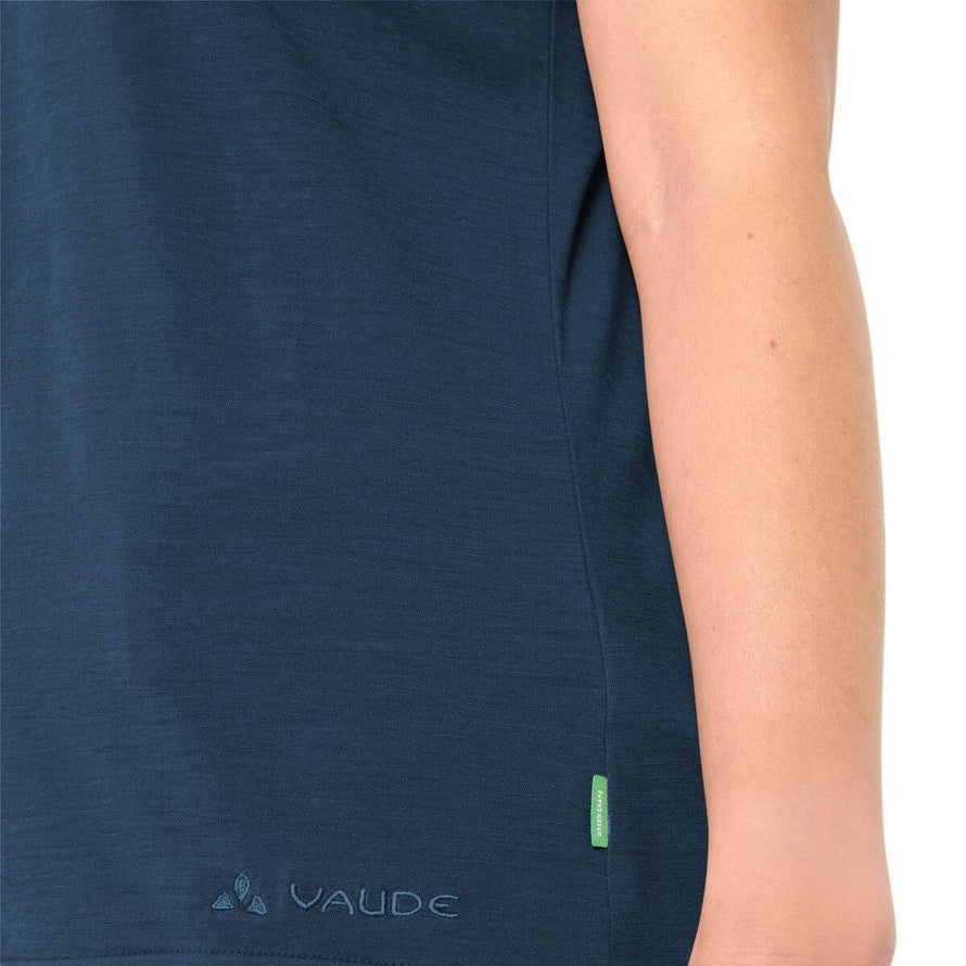 Essentiële marine wol T-shirt voor dames van Vaude, ideaal voor comfort op de fiets en thermoregulatie
