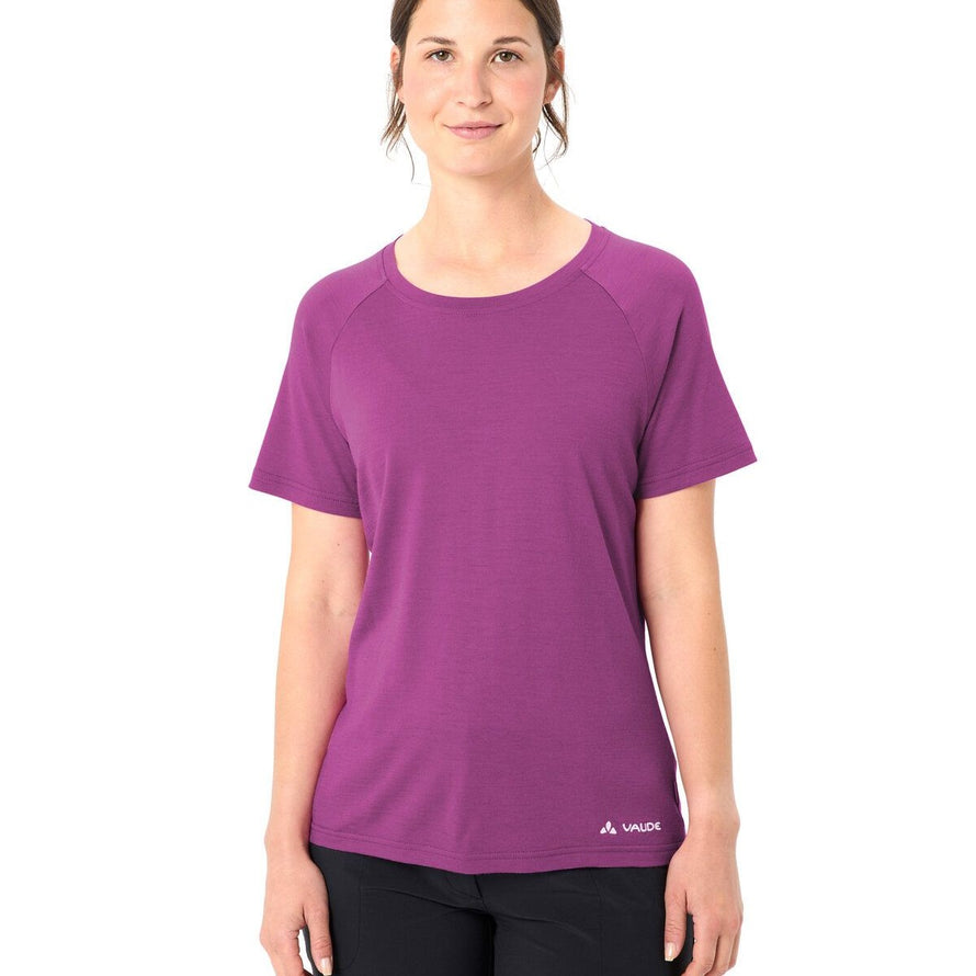 T-shirt Essential en laine prune pour femme Vaude, léger et respirant, parfait pour le cyclisme et le confort
