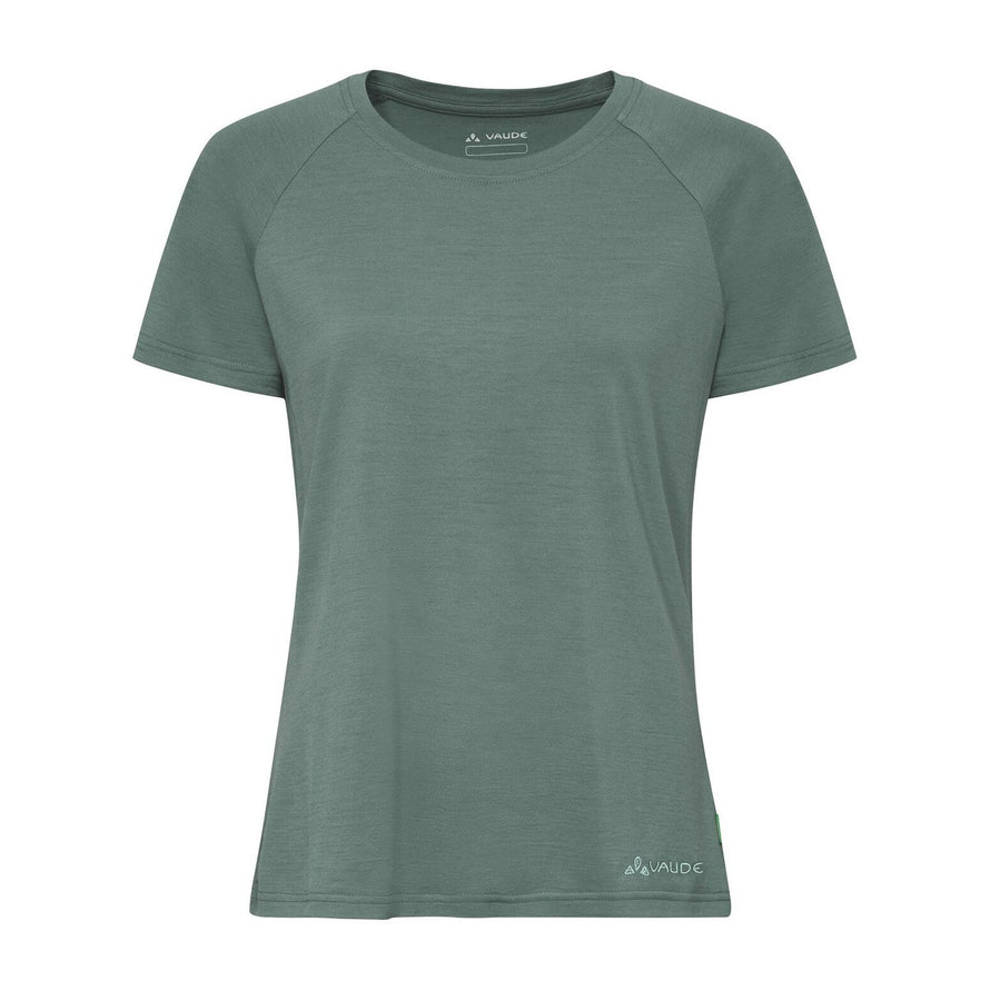 T-shirt Essential van wol voor dames Vaude saliegroen, ademend en comfortabel voor het fietsen