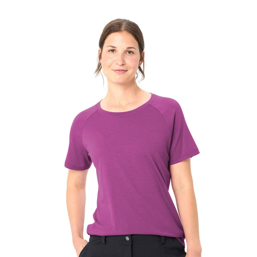 T-shirt Dames Vaude Essential merino in fuchsia, ademend en comfortabel voor fietsen en outdooractiviteiten